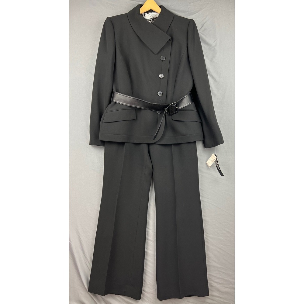 Studio Tahari Pant Suit Womens Size 14 Black Belted Blazer Trousers Set NWT